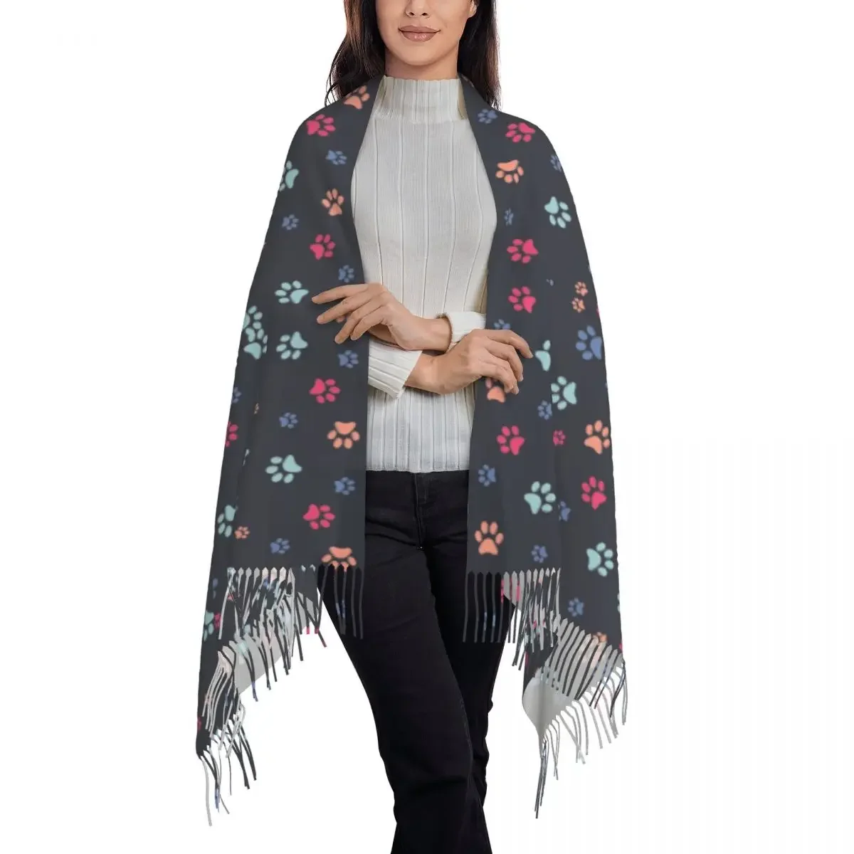 Modderige Poten Geel Blauw Patroon Sjaal Wrap Voor Vrouwen Lange Winter Herfst Warm Kwast Sjaal Unisex Hondenliefhebber Puppy Dier Sjaals