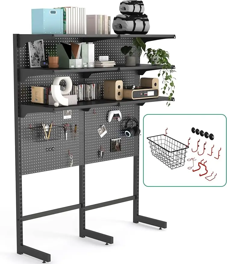 Gaming Standing Shelf Units, Home Office Cabinet with Metal Pegboard and 15 Pieces Organizer Tool Holders