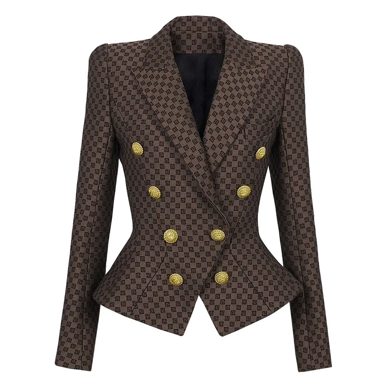 Women Blazer Gold Button Turn-Down Collar Jacket Heavy Jacquard Letter Embroidery