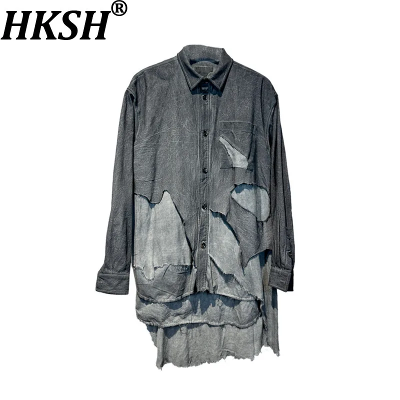 HKSH Spring Autumn New Men Tide Dark Punk Waste Land Asymmetric Layered Cut Vintage Silhouette Shirt Women Chic Ins Y2K HK27050