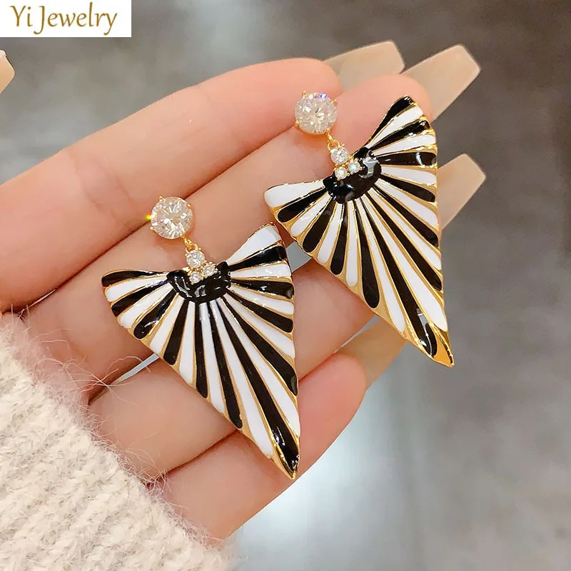 Black White Striped Fan Shape Drop Earrings Gold Plated Enamel Dangle Earrings for Women Office Lady Daily Commute Outfit