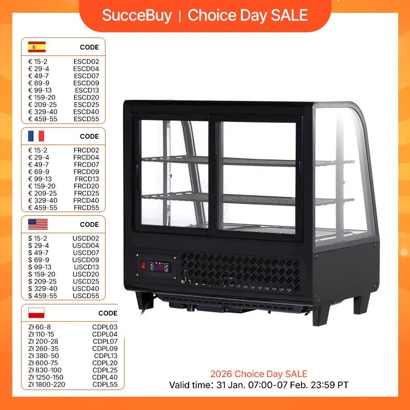 SucceBuy Gekühlte Vitrine, Arbeitsplatte, Gebäckvitrine, Beleuchtung, TURBO, Kühlung, frostfreie Luftkühlung, hintere Schiebetür