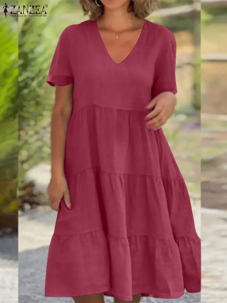 ZANZEA Casual Elegant Party Dress V Neck Short Sleeve Solid Color Women Tiered Robes Holiday Fashion Summer 2024 A-line Vestidos