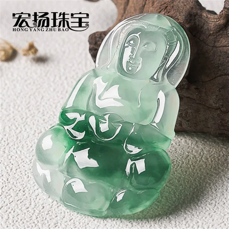 Jadeite Guanyin Men,Burmese Old Mine Floating Flower Bodhisattva Pendant