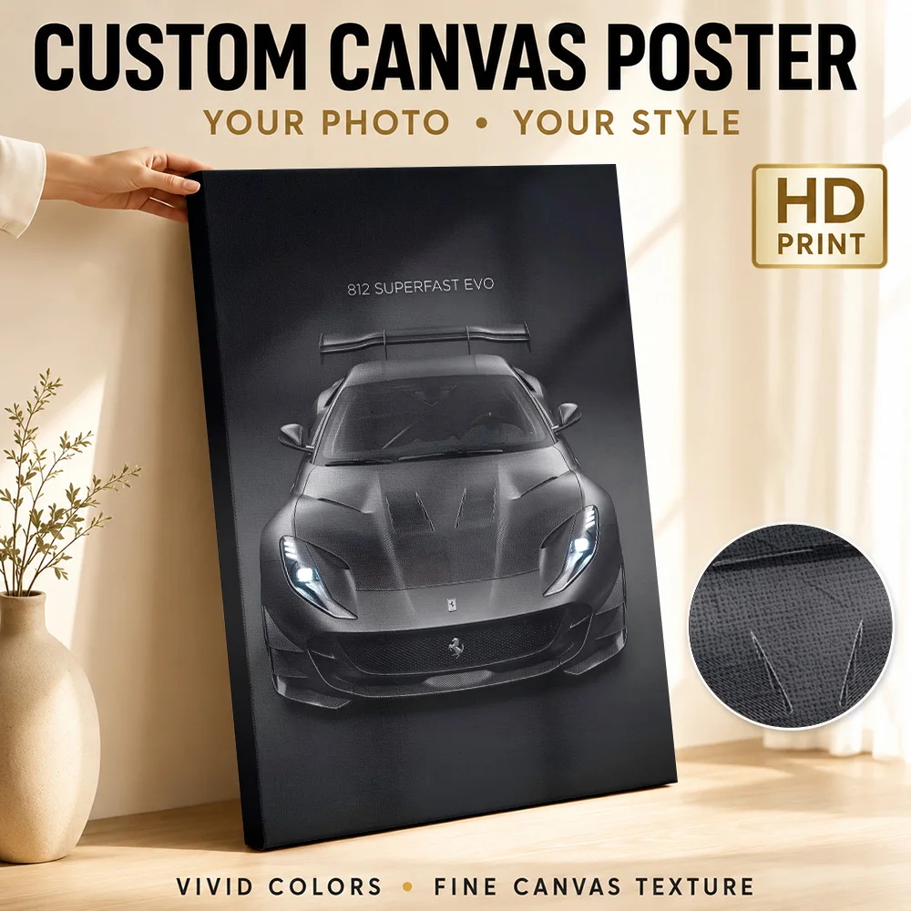 Sleek dark supercar 812 Superfast Evo black car Canvas Poster Custom Photo Retro Automotive Canvas Wall Art for Man Cave Decor