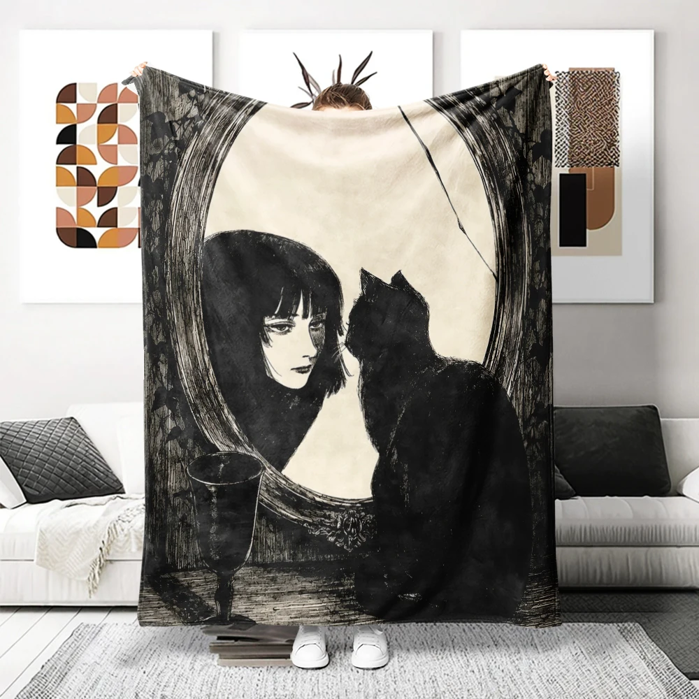 Black Cat Mirror Gothic Flannel Blanket Cartoon Printed Throw Blanket for Kids Adults Soft Plush Bed Sofa Cover Gift