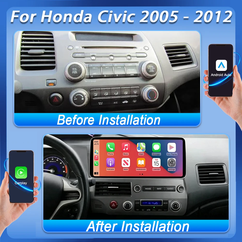 Android 16 For Honda Civic 2005 2006 2007 2008 2009 2010 2011 2012 Auto Radio Stereo GPS Navigation Multimidia Player screen 5G