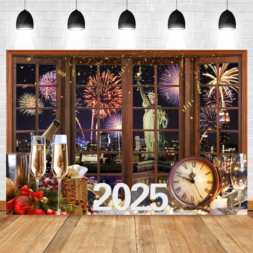 2025 Happy New Year Fireworks Photography Backdrop New Year Eve Clocks Champagne Family Party Christmas Photo Background Decor