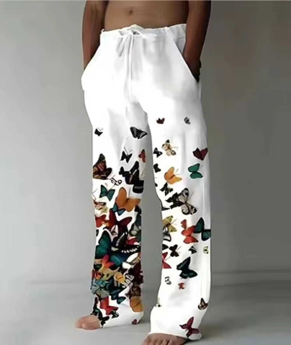 

Spring and Autumn Men's New Butterfly Printed Casual Pants Cotton and Hemp Loose Printed Small Feet Long Men's Pants Clothing