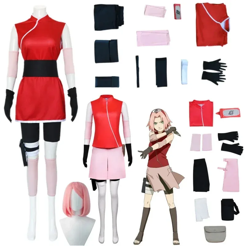 

Haruno Sakura Cosplay Shippuden Anime Costume Wig Women Girls Skirt Outfit Unisex Ninja Cartoon Halloween Carnival Costume