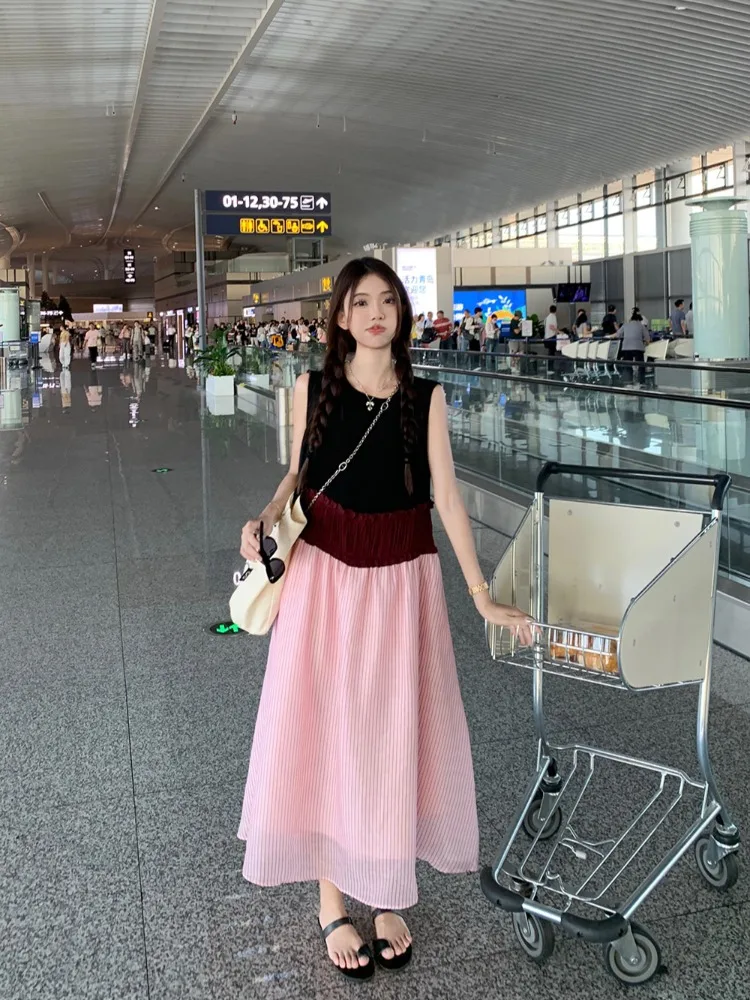 

Retro High-End Feeling Spliced Sleeveless Vest Dress Women Summer Small Audience Loose Color Collision Personality Long Skirt