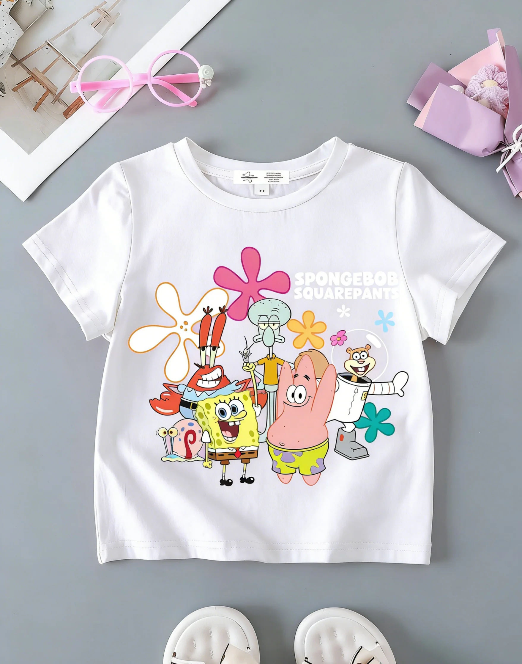 SpongeBob SquarePants T-shirt, Cartoon Printed Short Sleeve T-shirt, Street Casual Shirt, Fan Summer Cotton Top,Family Wear，gift