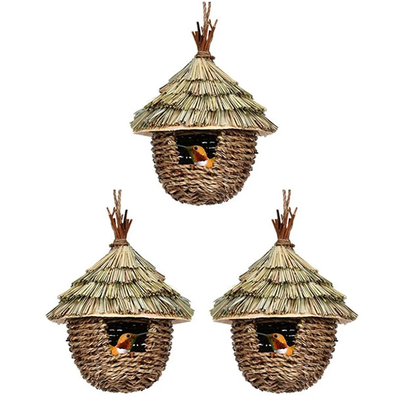 3Pcs Bird House Hand Woven Hanging Humming Bird House For Nesting,Natural Grass Bird Nest For Garden,Patio