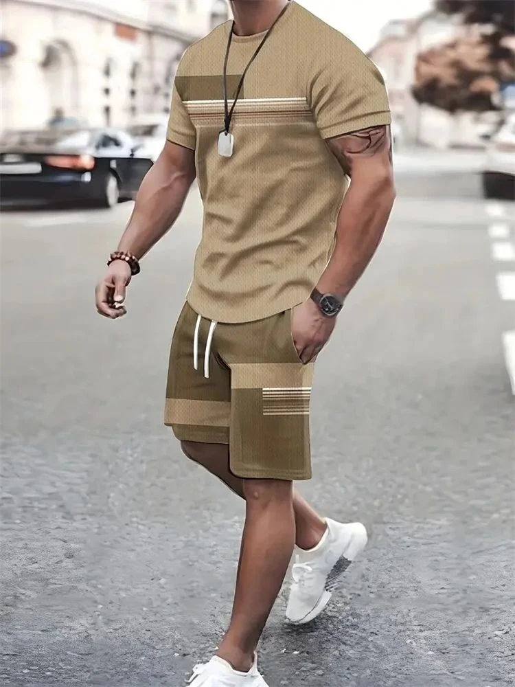 Men's trendy personalized pattern simple men's short sleeved top outdoor street fashion breathable round neck T-shirt shorts set