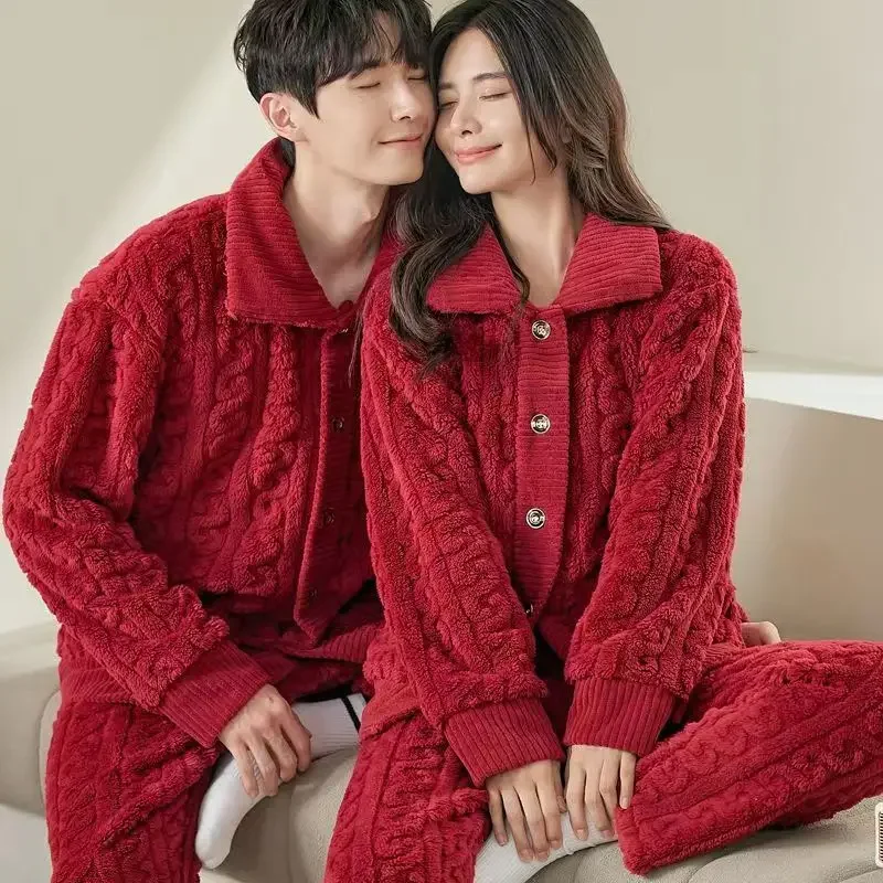 

2024 New Flannel Pajamas Women's Autumn Winter Loungewear Thick Fleece Sleepwear Coral Fleece Couple Cardigan Men Homewear Set