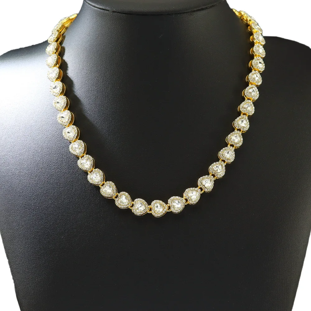 Yupsk 45CM Silber-Goldfarbene Herzförmige Strass-Kubanische Kettenhalskette Unisex Mode Hip-Hop-Rap Schmuck-Accessoires – Detail 7