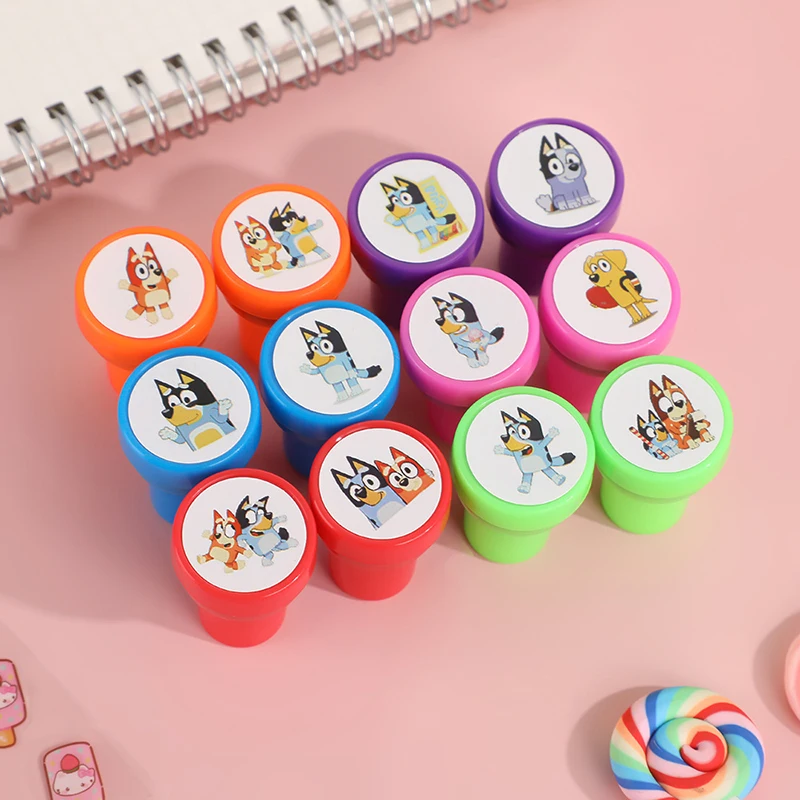 

Bluey Bingo Seal Toys 12 Pcs Anime Figure Chilli Bandit Lucky Socks Printing Cartoon Stamp Kids Birthday Gift