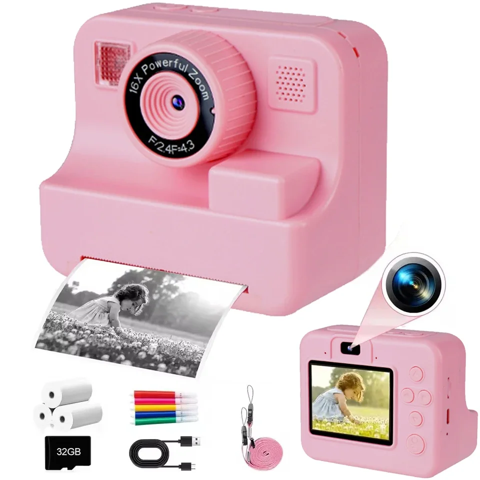 Kids Digital Camera 1080P Vedio Thermal Instant Print Camera with 32G for Girls Boys Christmas Birthday Gifts Educational Toys