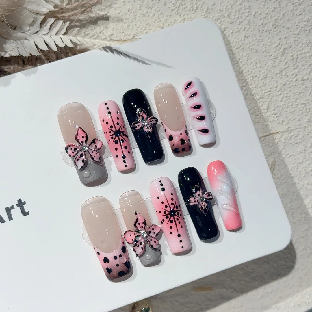 

10 шт., французский квадратный пресс для ногтей ручной работы, 3D румяна, резьба по цвету, сладкий крутой накладный ноготь, носимые ногти, искусство ногтей, кончик Spice Girl