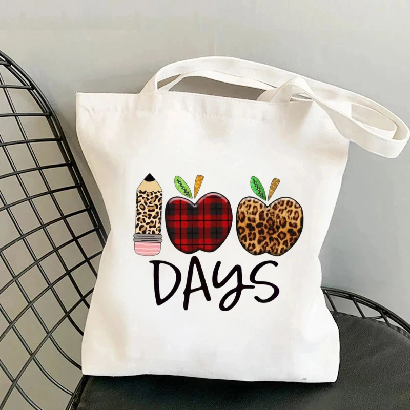 Bolsa de lona con estampado escolar, organizador de viaje de gran capacidad, portátil, ecológica, para compras, supermercado, 100 días