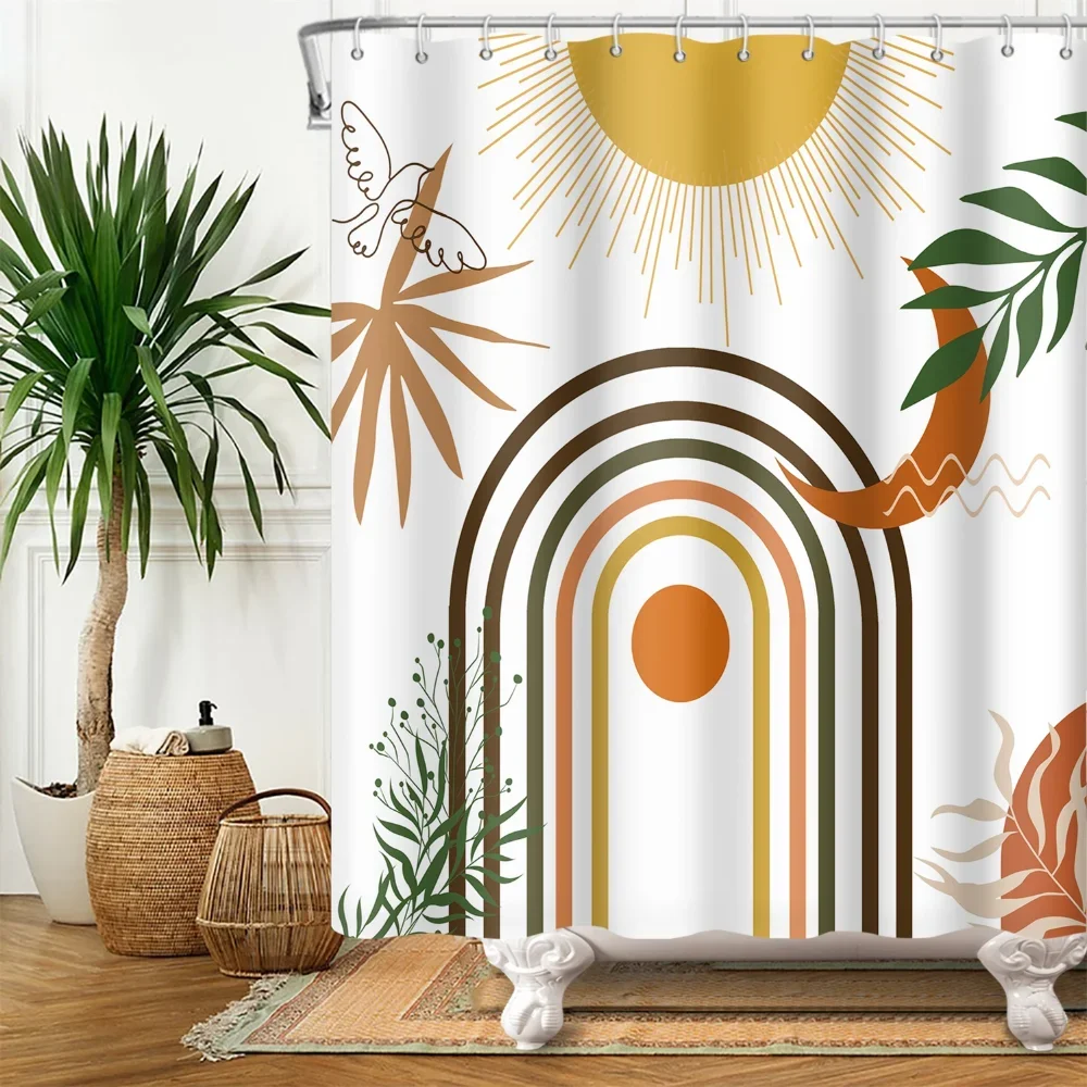 Mid Century Shower Curtain for Bathroom, Abstract Geometry Sun Terracotta Bath Curtain Hooks Modern Minimalist Polyester Fabric