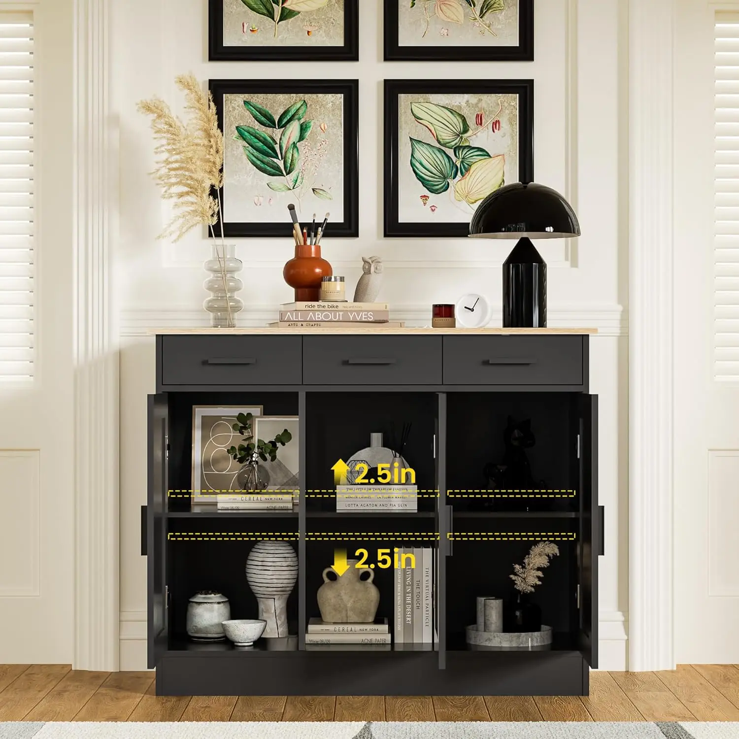 Black Buffet Cabinet, Coffee Bar Cabinet with 3 Drawers & 3 Doors, Kitchen Buffet Sideboard