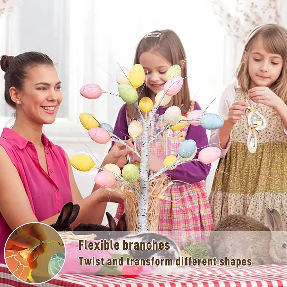 24個入りイースターエッグオーナメント-イースターledライト-樺の木の花の枝オーナメント-カラフルなイースターエッグ-イースター樺の木ランプ