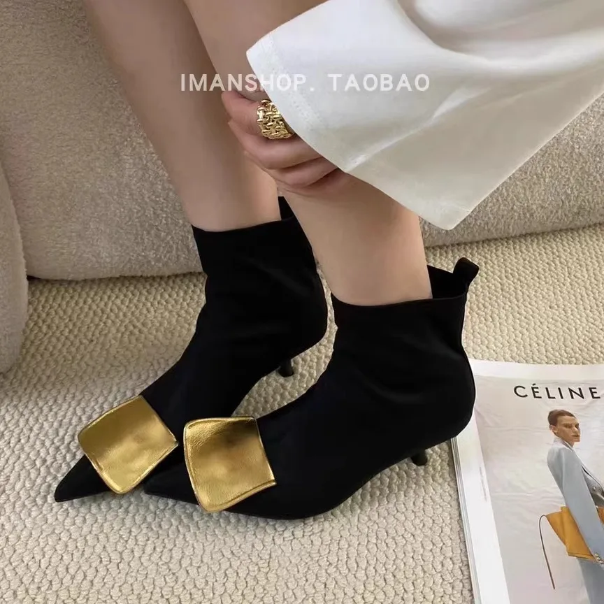 

2025 Autumn and Winter Pointed Sexy High-heeled Women's Elastic Short Boots Fashion Luxury Brand Party Dress Chelsea Boots