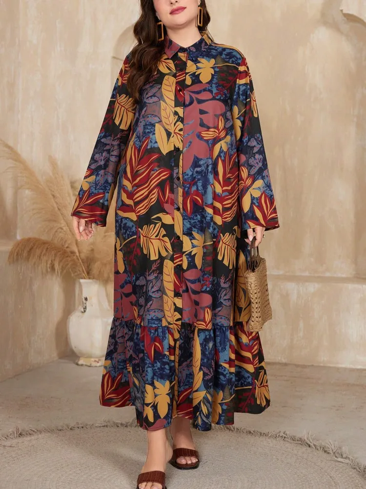 Sukienka maxi plus size na jesień i zimę, nowy wzór, dopasowany krój, elegancki styl, długi rękaw, kołnierzyk, modna, wyszczuplająca.