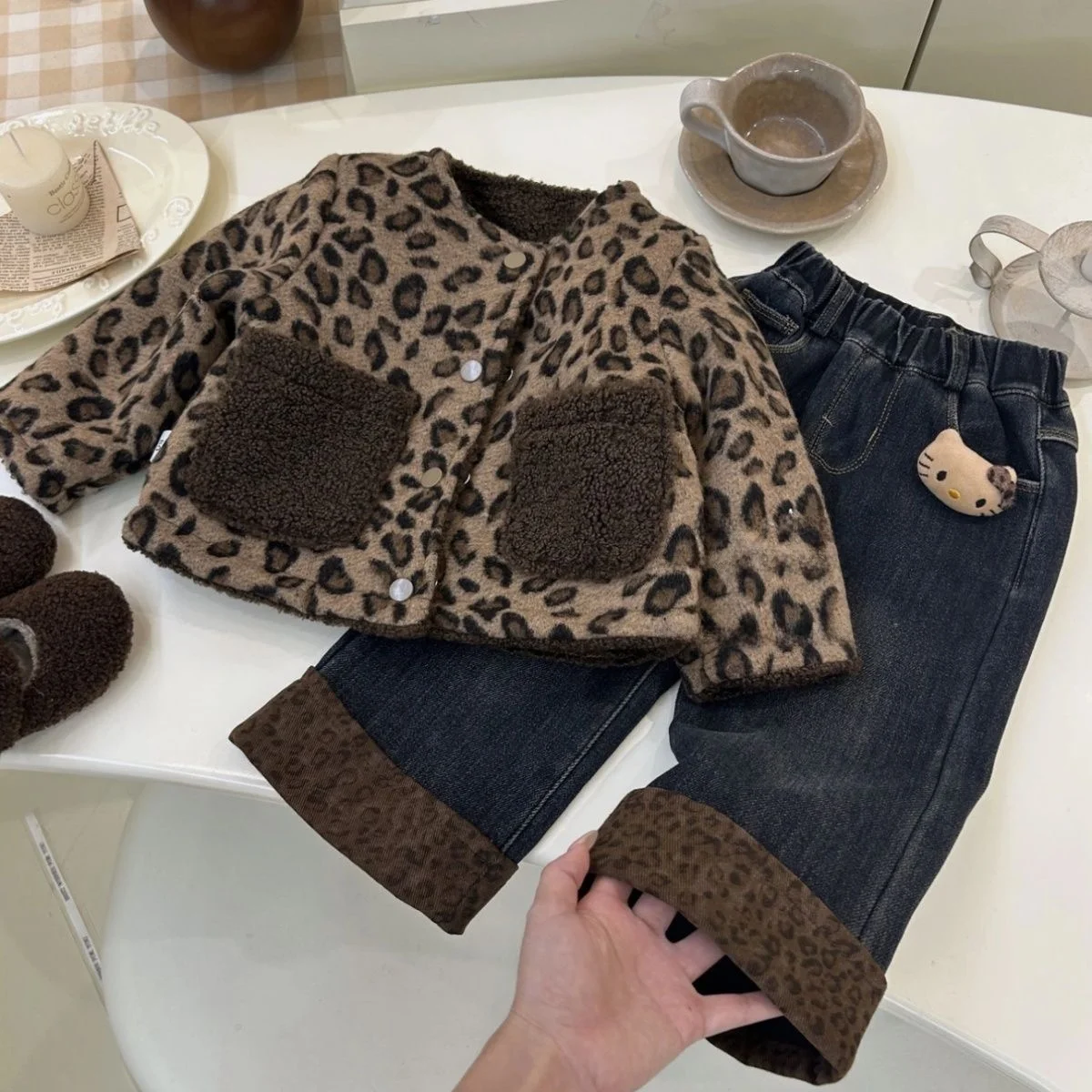Thickened Double-sided Faux Fur Coat for Girls Leopard Print Warm Autumn Winter Children's Clothing Korean Style Two-piece Set