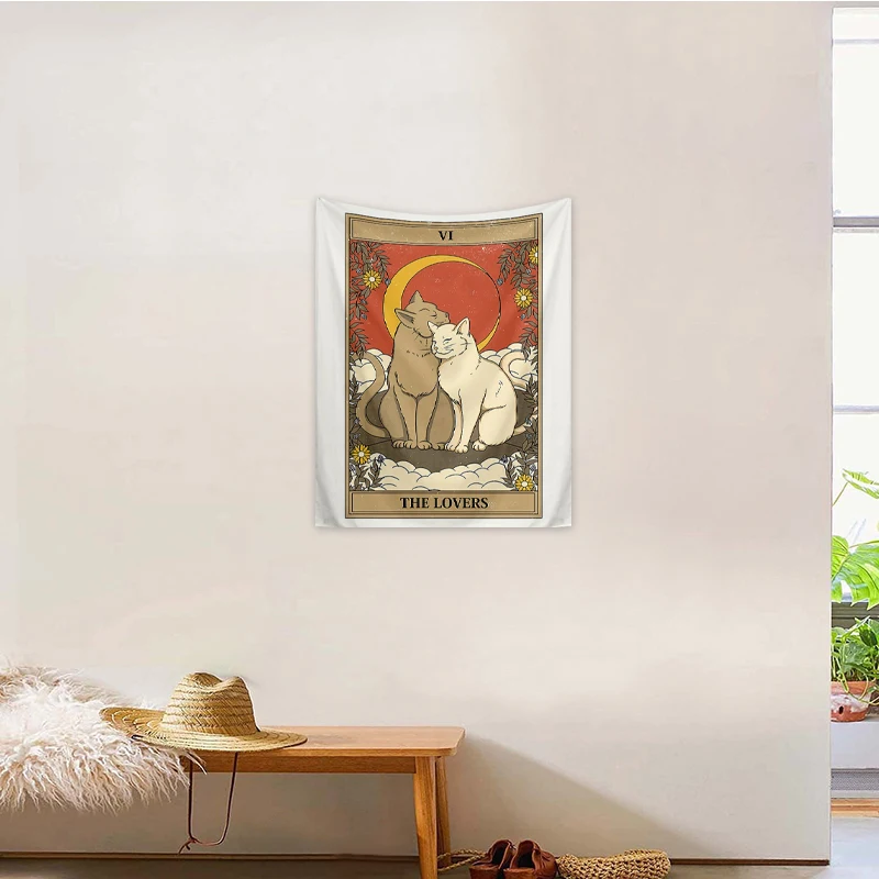 1pc Tarot Cat Tapestry, Moon Phase Sun Universe Starry Sky Tapestry, Cute Cat Wall Hanging view 5