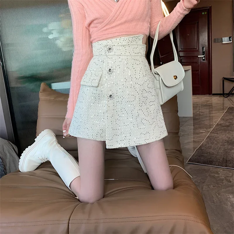 Women Tweed Buttons Casual Shorts High Waist A-line Office Elegant Shorts Female Irregular Shorts Spring Summer Pants