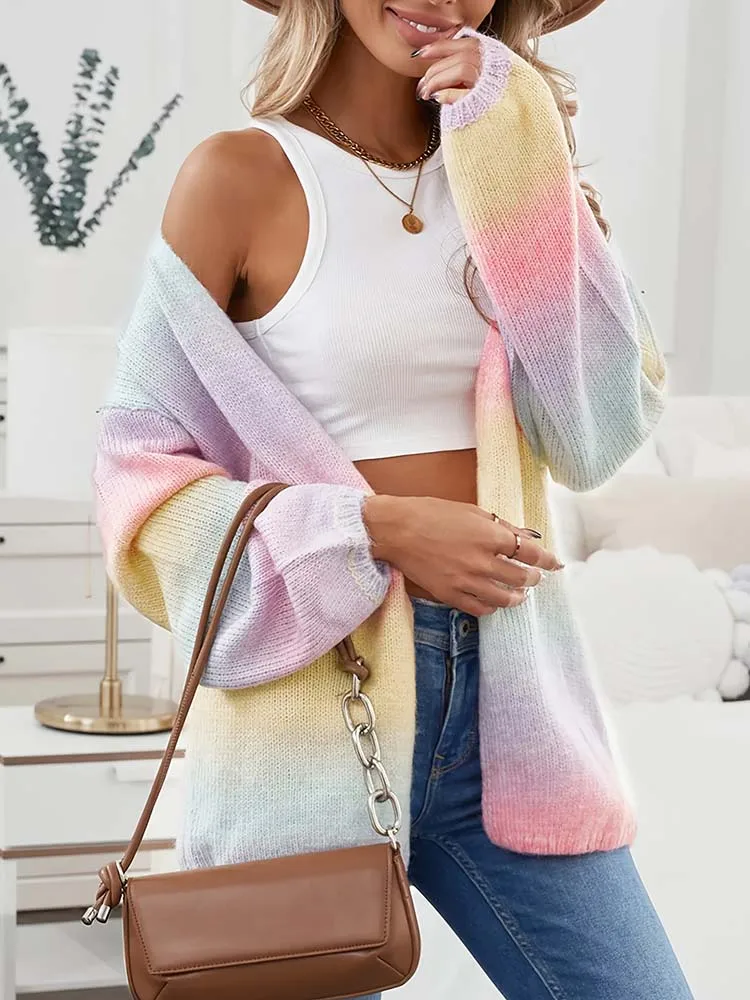 Cárdigan de lana de manga larga con degradado de colores para mujer, estilo informal, holgado, elegante y a la moda, suéter tipo abrigo Joker para mujer.