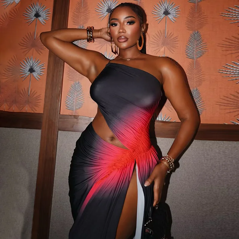 Vestido largo elegante para mujer, Color degradado, otoño 2025, para mujer, un hombro recortado, abertura alta, drapeado, ceñido al cuerpo, Sexy, vestidos de fiesta para discoteca