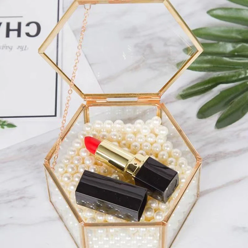 

High-end Hexagonal Ring Box Golden Glass Luxurious And Retro Jewelry Storage Box Jewelry Accessory Box
