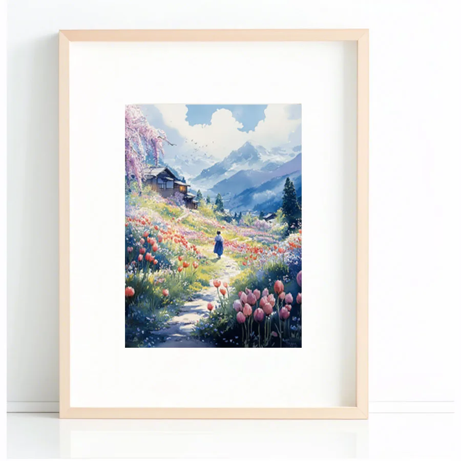 Spring flower field wisteria, tulips, and moss phlox Painting Wall Picture Anime Wall Deco Canvas Picture