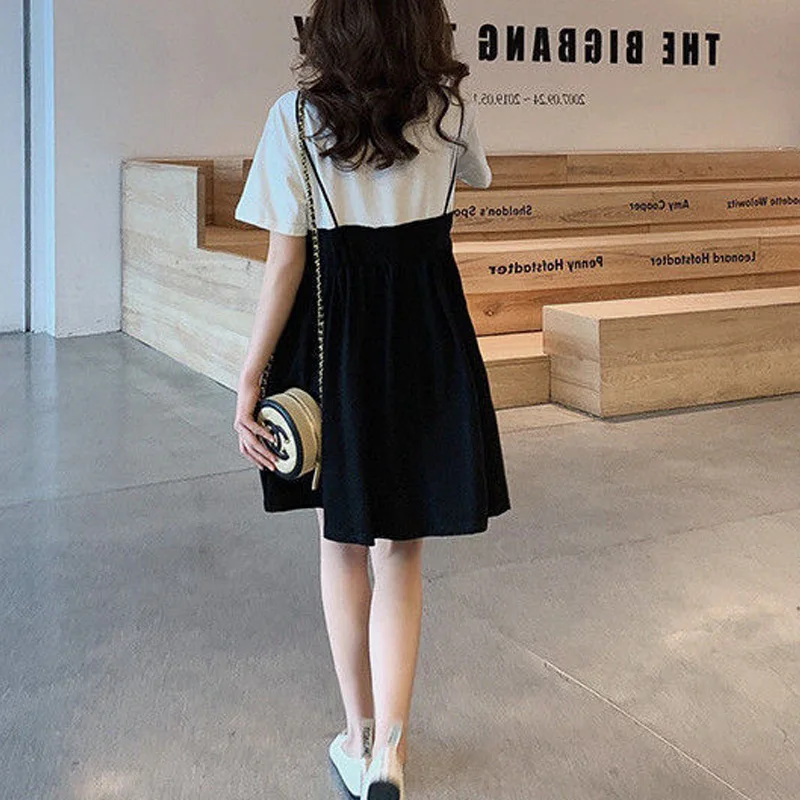 2024 Summer New Round Neck Short Sleeve Fake Two Pieces Sling Tshirt Dress Women High Street Casual Pleated All-match Vestidos