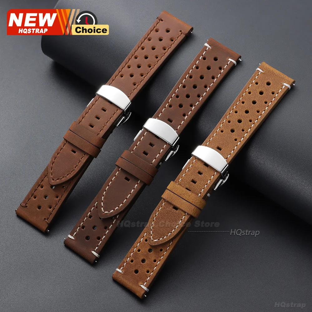 Schmetterlingsverschluss Perforiertes Atmungsaktives Uhrenarmband 18/19/21/24/20/22mm Smartwatch Leder Vintage Armband Schwarz mit Dornschließe – Detail 3