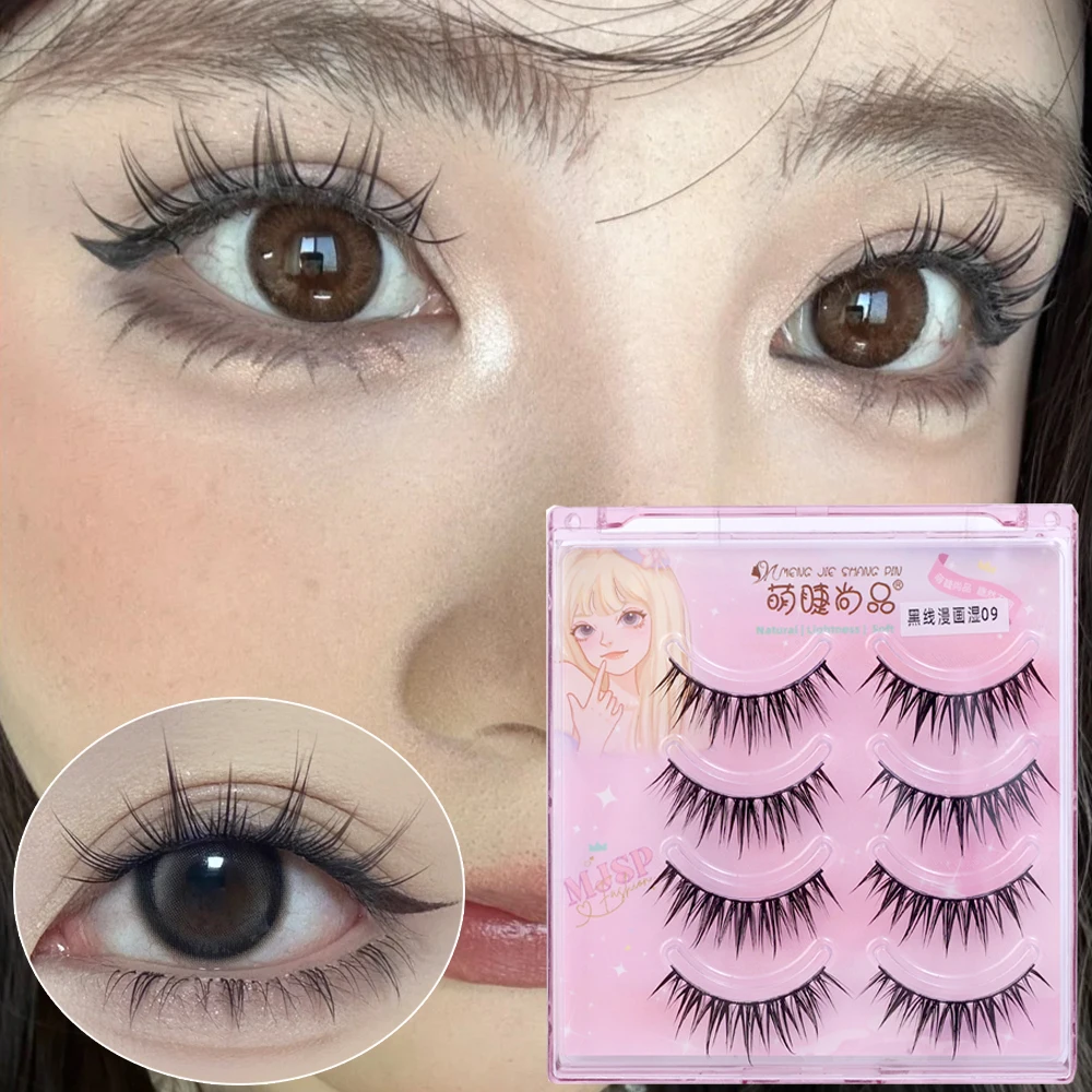 4Pairs Natural Manga False Eyelashes Reusable Transparent Black Stem Eyelash Cosplay Korean Fashion Wispy Extension Makeup Tools