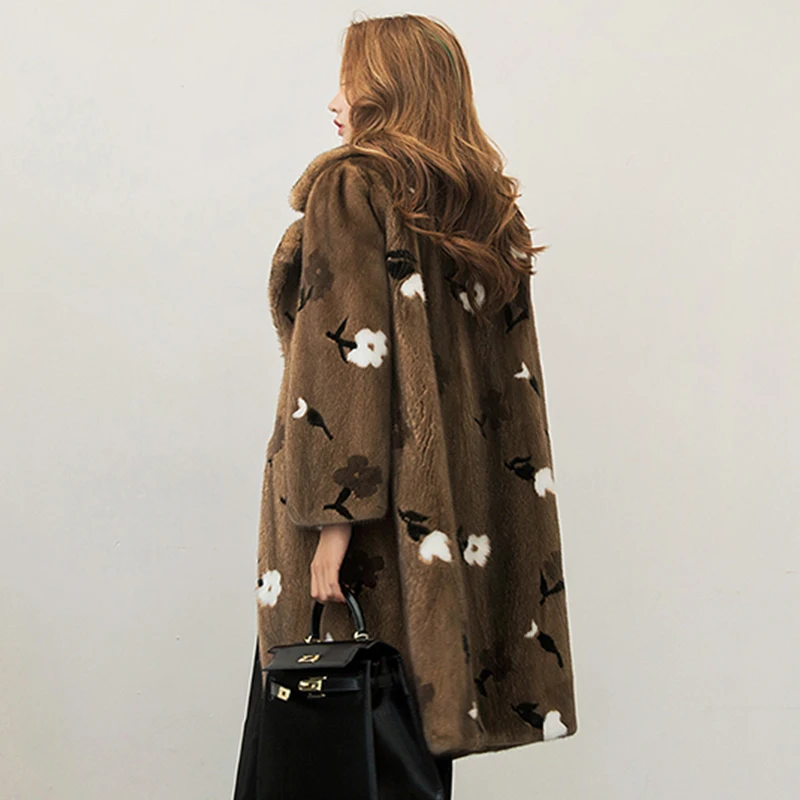 Ftangaiur New Winter Import Velvet Mink Fur Coat Long Sleeve Women Turn-Down Collar Pure Color Medium Natural Mink Fur Coats