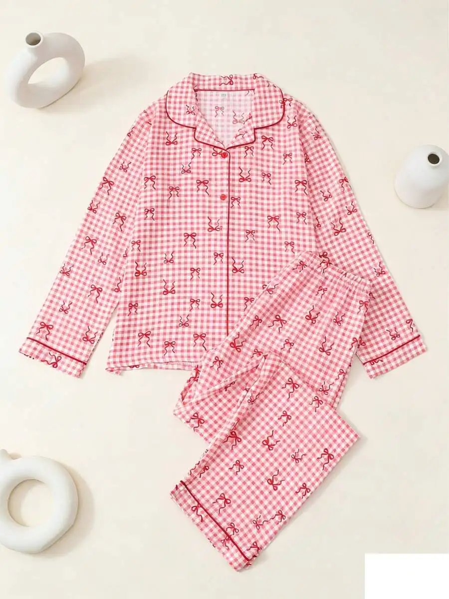 

2pcs Women Plaid Pajama Set With Bow Print Long Sleeve Lapel Collar Button Top Elastic Waist Pants
