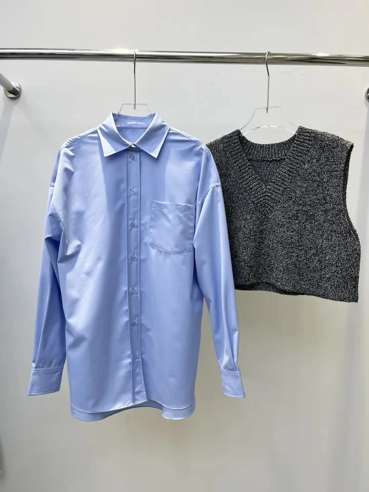 2024SS Spring New Women Casual High Quality Blue Shirt Blouse With Knitted Vest for Female Tops