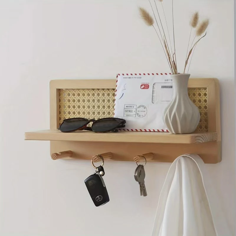 

Japanese rattan woven solid wood shelf, Wooden woven wall-mounted key hook holder. Storage shelves for Newspapers and Magazines