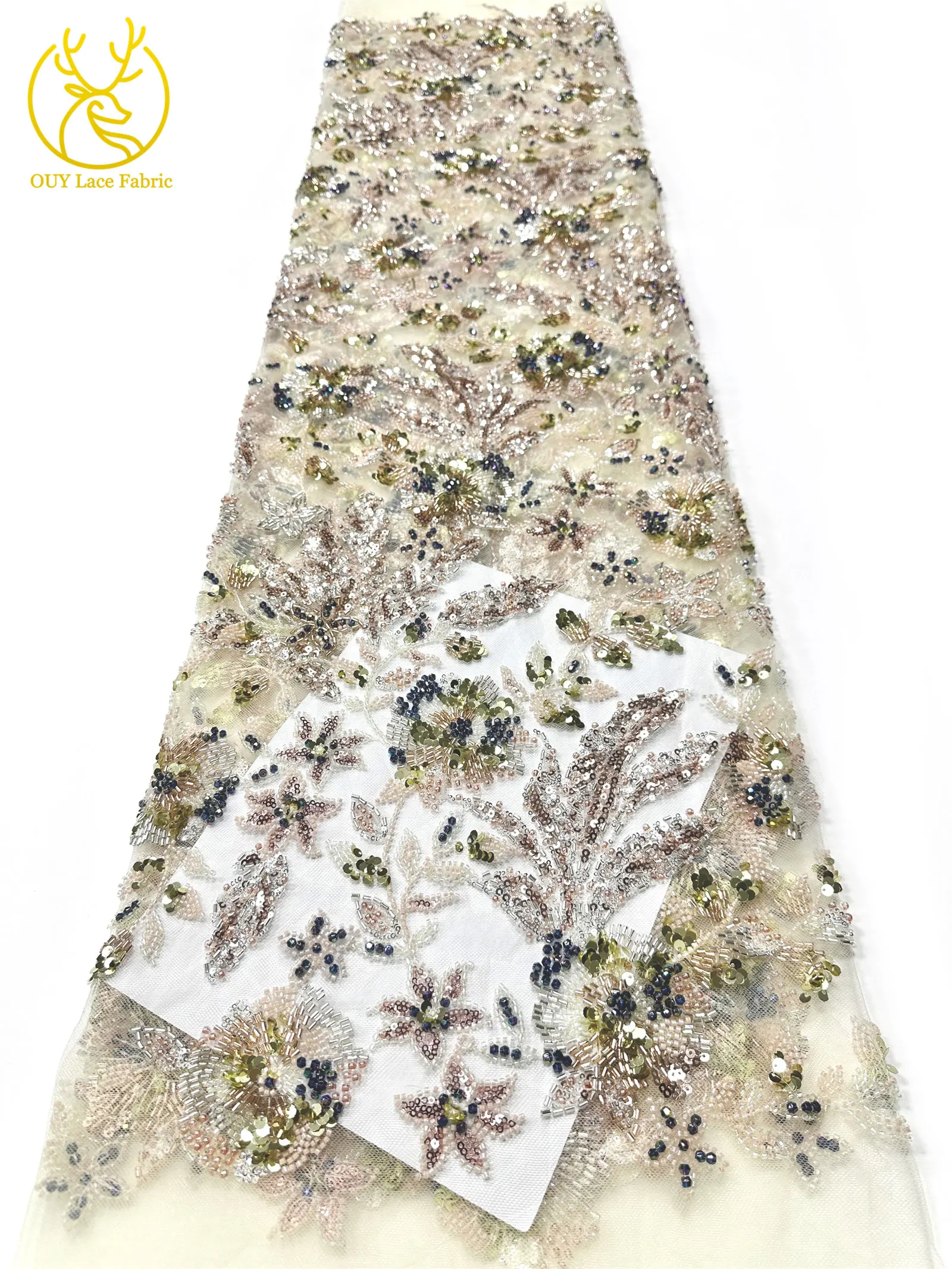Modischer nigerianischer bestickter Perlen-Spitzenstoff, eleganter afrikanischer Pailletten-Netzstoff für Brautkleider und Partykleider zum Nähen – Detail 16