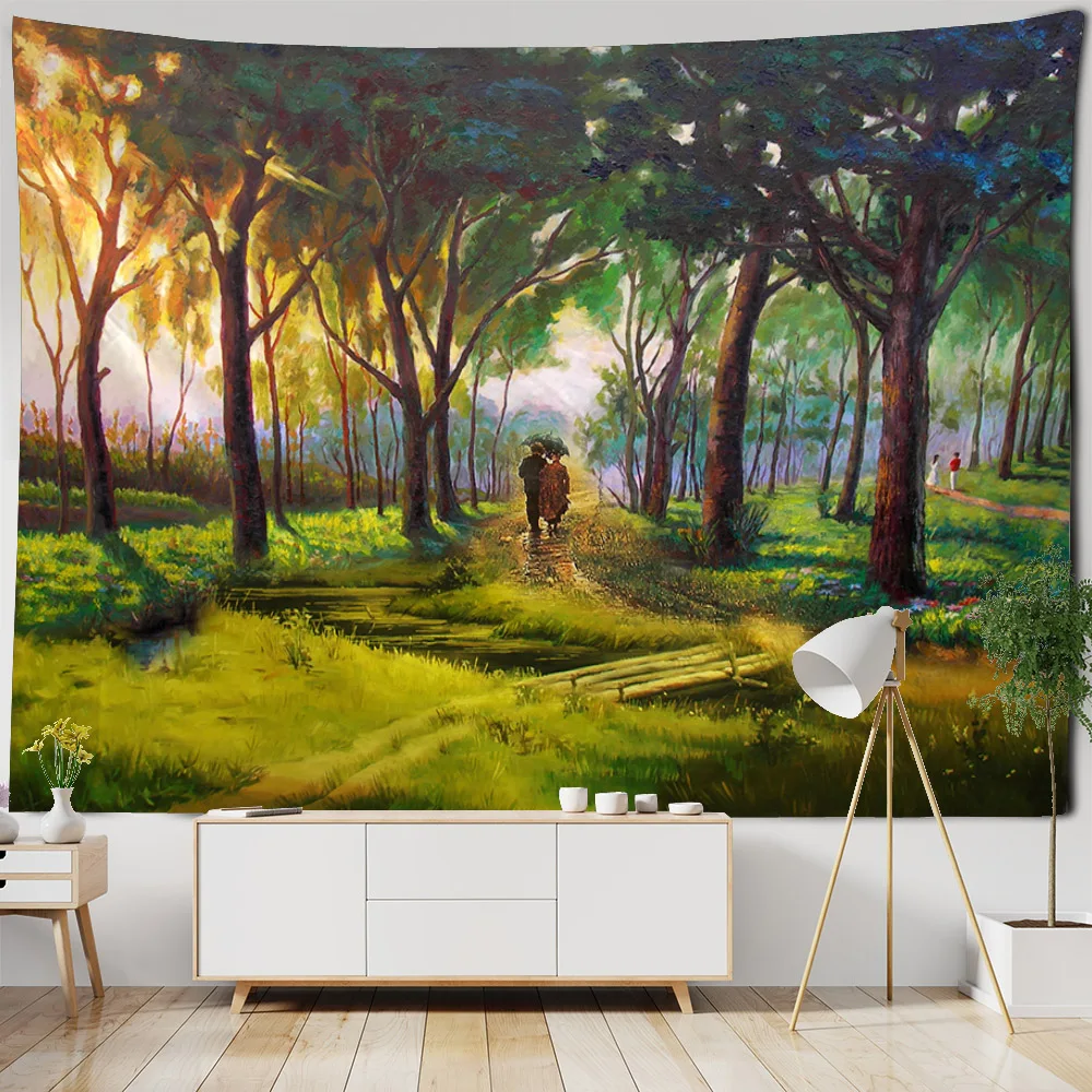 Landscape oil painting tapestry forest waterfall wall hanging Bohemian home wall decoration background cloth living room bedroom