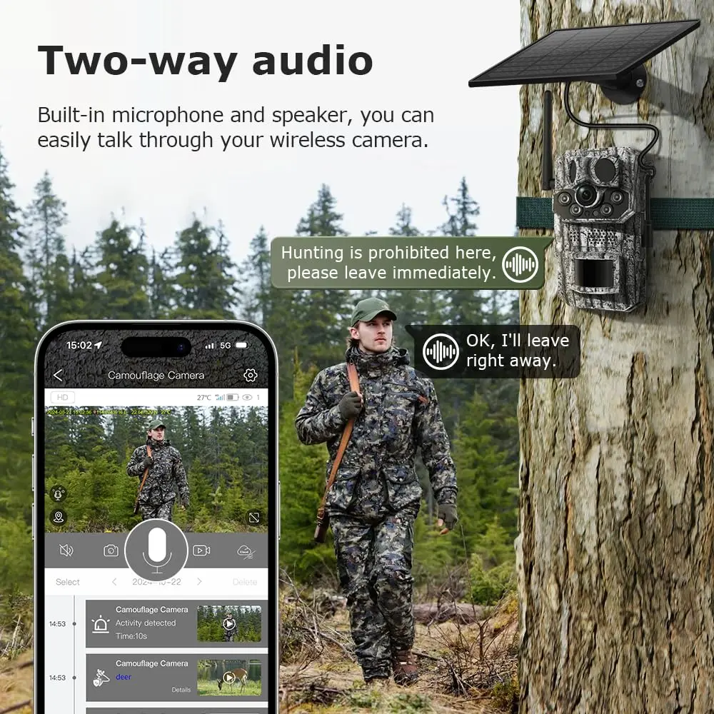 Solar Battery Hunting Trail Camera,Built-in GPS,Temperature Detection,PIR Motion,AI Animal Recognition,HD Night Vision,2-Way Tal
