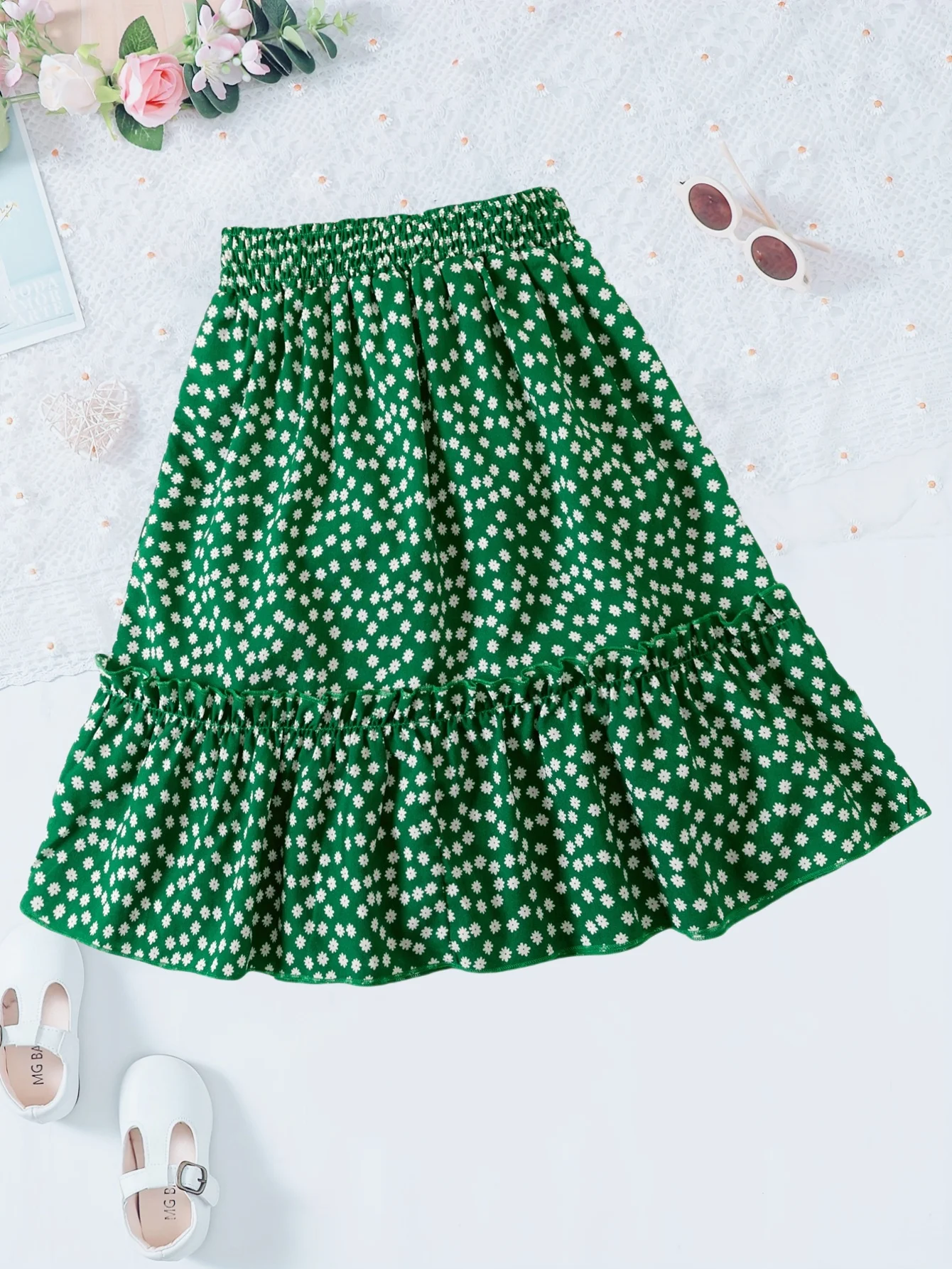 Green Small Floral Ruffled Skirt - Fresh Spring and Summer Style