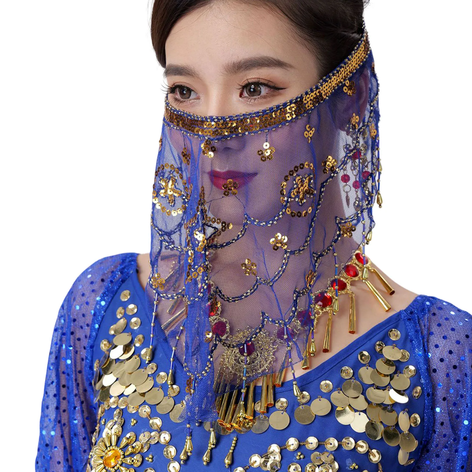 Women's  Face Veil with Beads Tassel and Sequins Tribal  Veil Halloween Costume Accessory