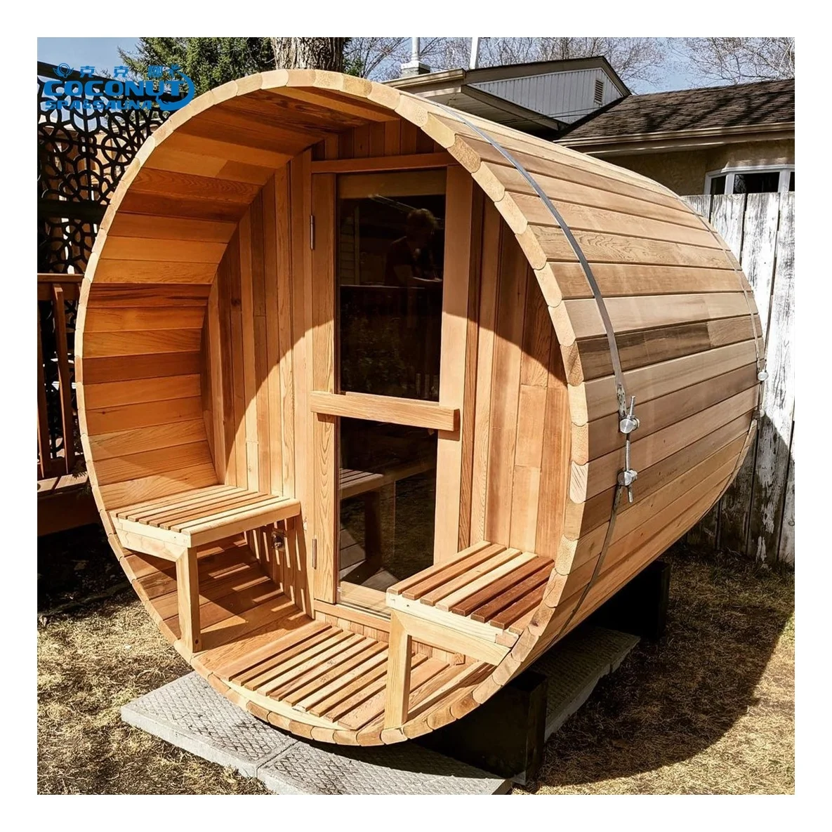 

Foshan Sauna Manufacturer Dry Stone Red Cedar Barrel Outdoor Sauna Room For 2 4 6 8Persons