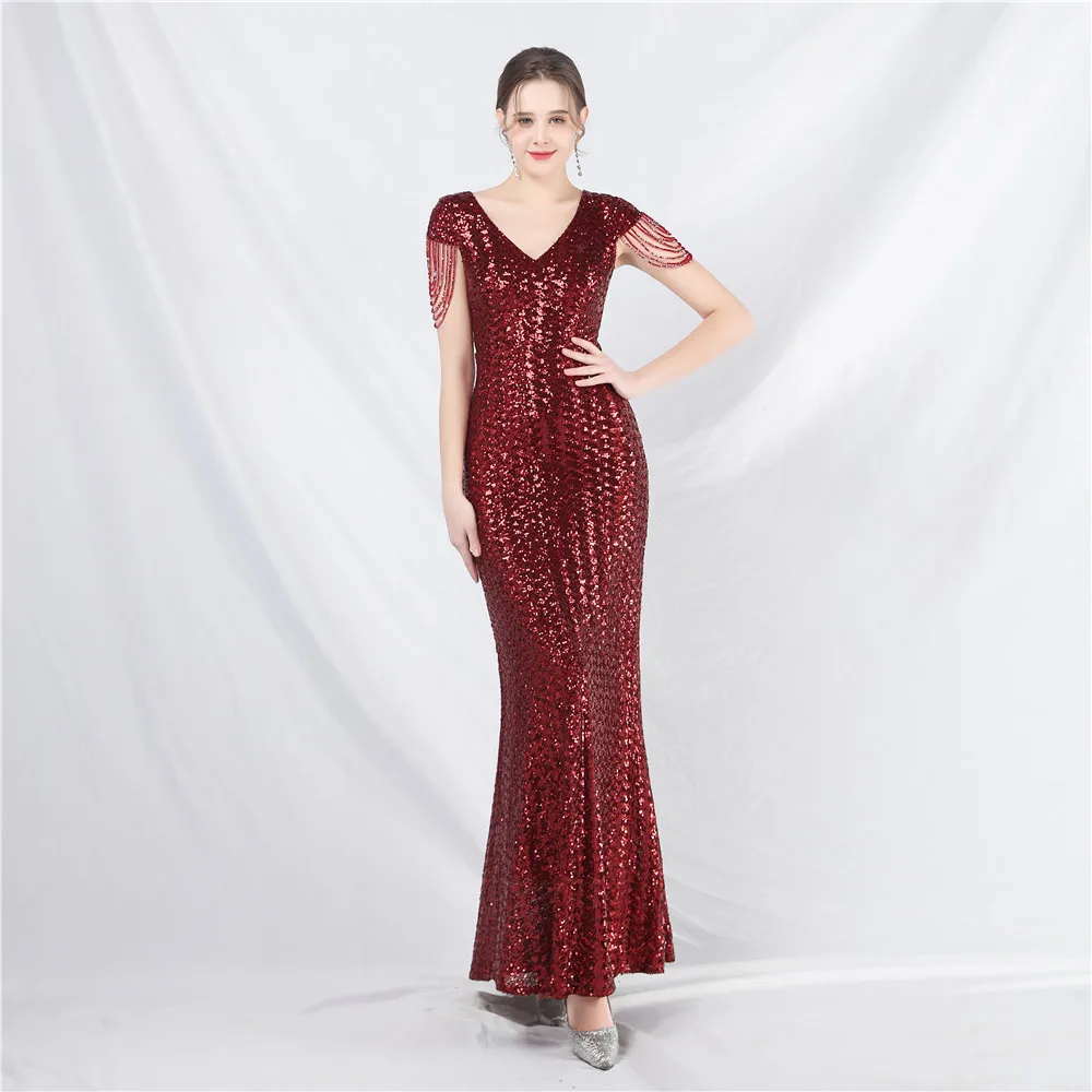 

Graceful 2024 Burgundy Mermaid Long Evening Dress V Neck Floor Length Shiny Sequin Special Occasion Gowns Robe De Soiree